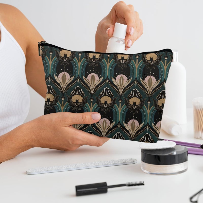 RYYCDOI Witchy Makeup Bag, Witch Stuff, Vintage 1920s Bats and Flowers Aesthetic Cosmetic Bags Toiletry Bag for Women, Goth Makeup Bag(PU) - Image 4